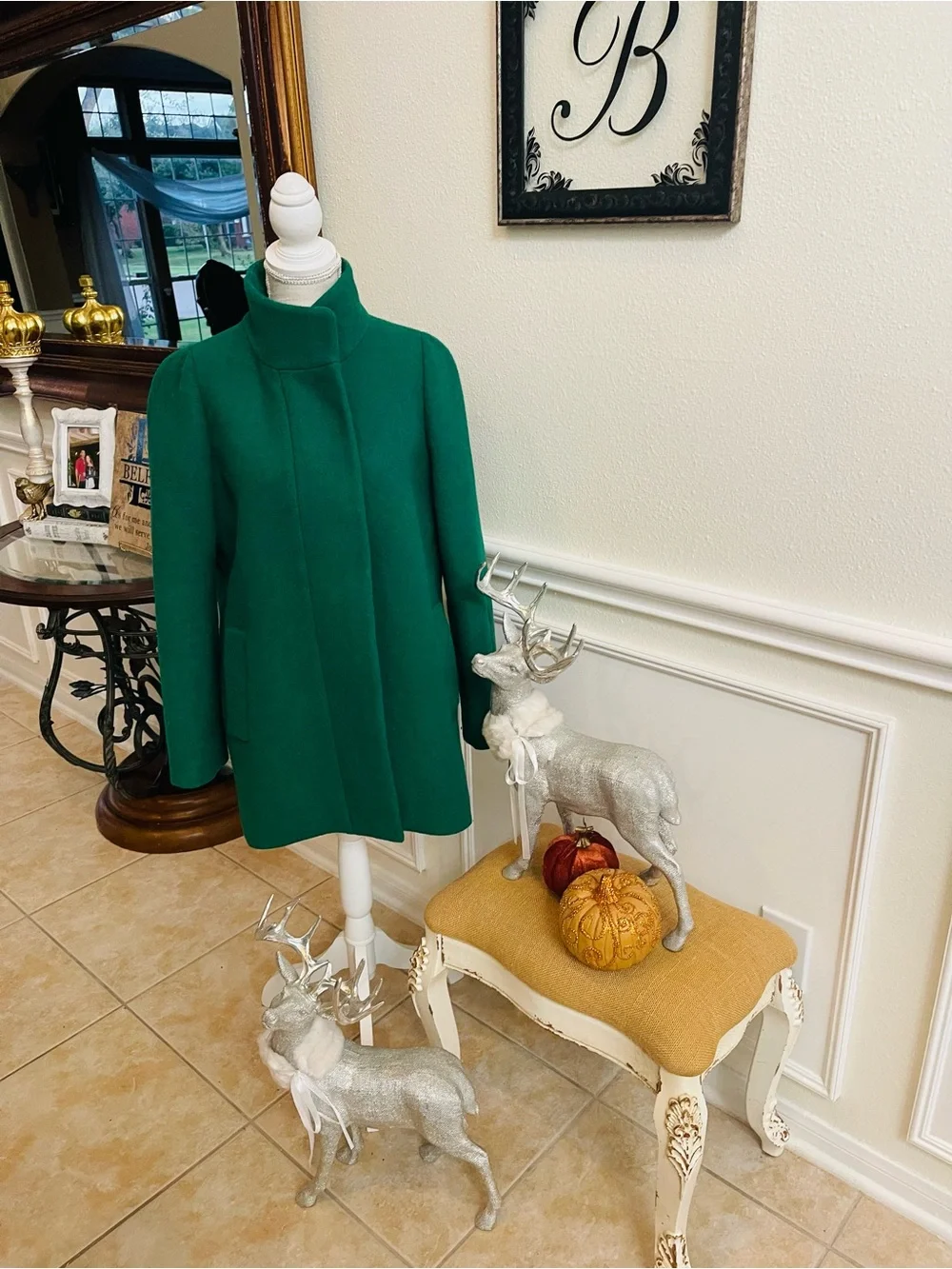 J. Crew Emerald Green Stand-Collar Wool Peacoat